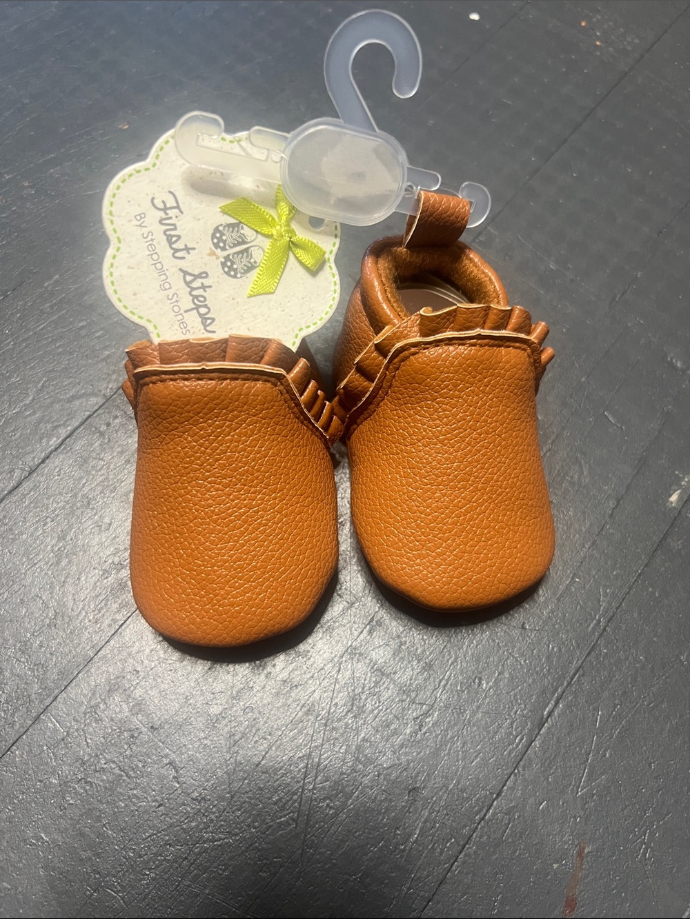 First Steps Tan Leather Baby Moccasins with Ruffle Trim